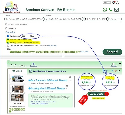 Campervan rental Los Angeles PRICES Example